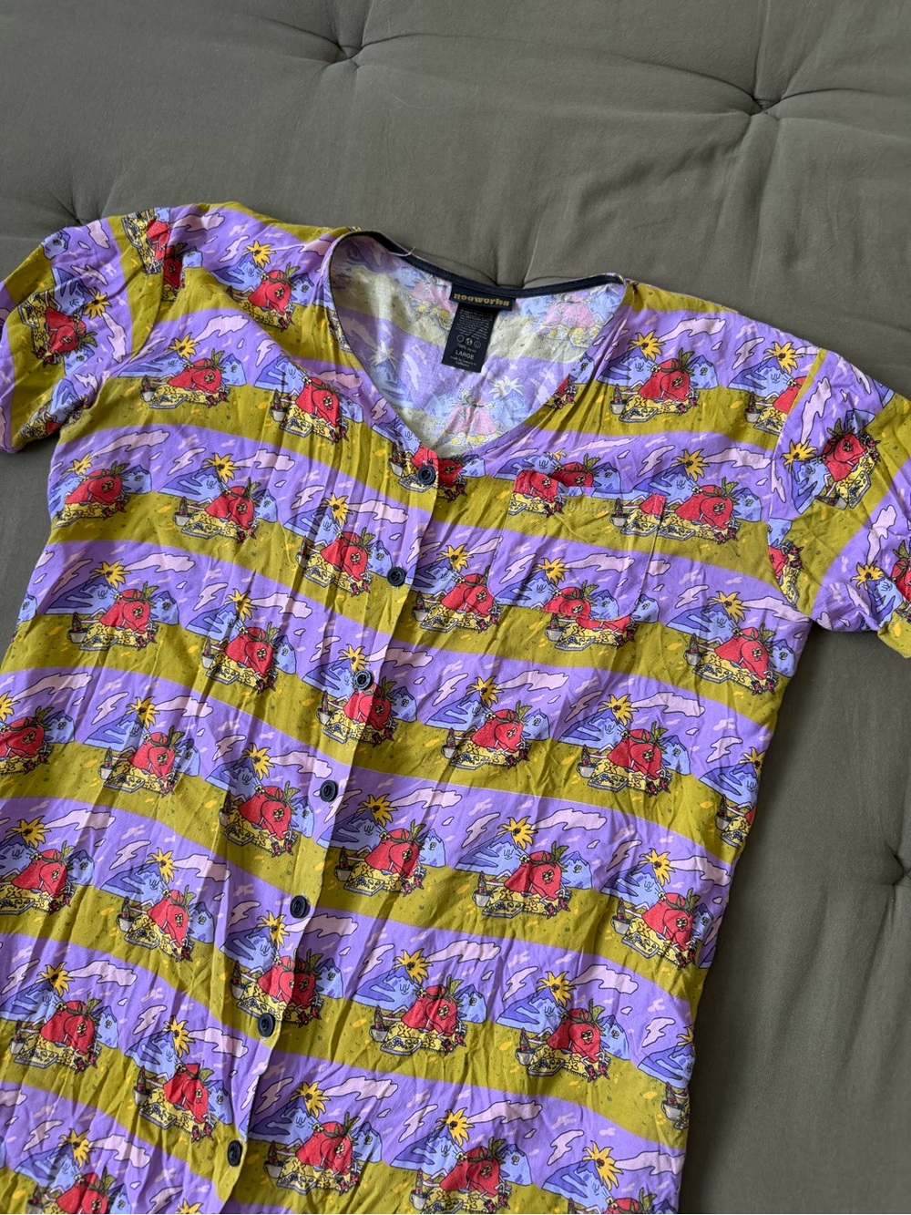 Nooworks Large Purple and Olive Green Striped Button Top